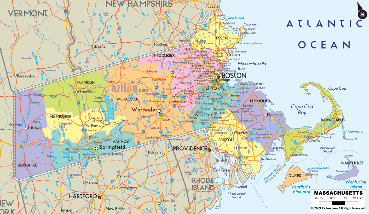 Detailed Map Of Massachusetts State USA Ezilon Maps