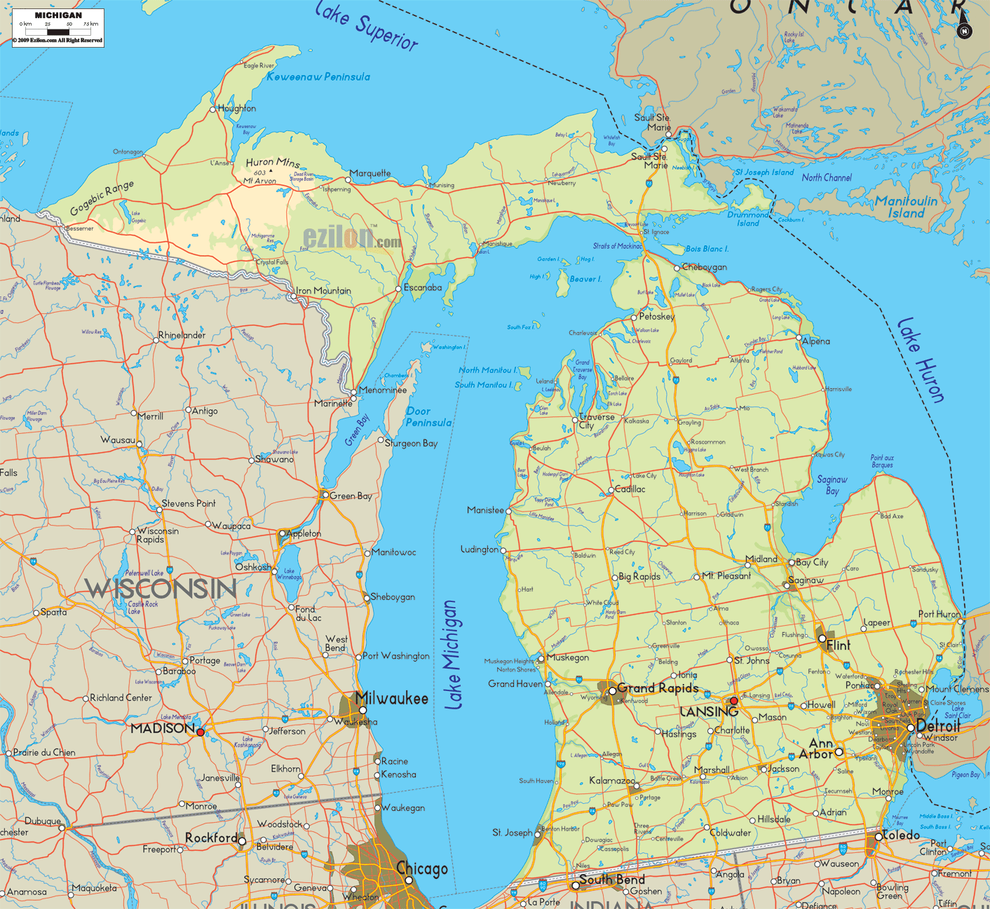 Physical Map of Michigan - Ezilon Maps