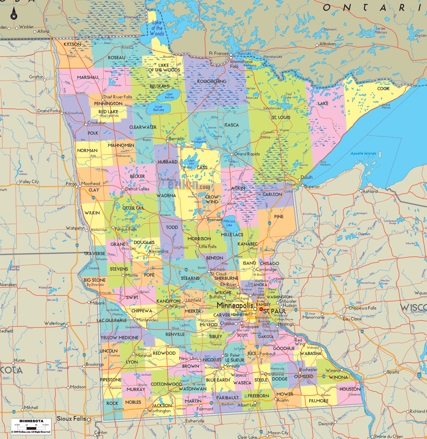 Mn Counties Map With Cities Detailed Political Map of Minnesota   Ezilon Maps