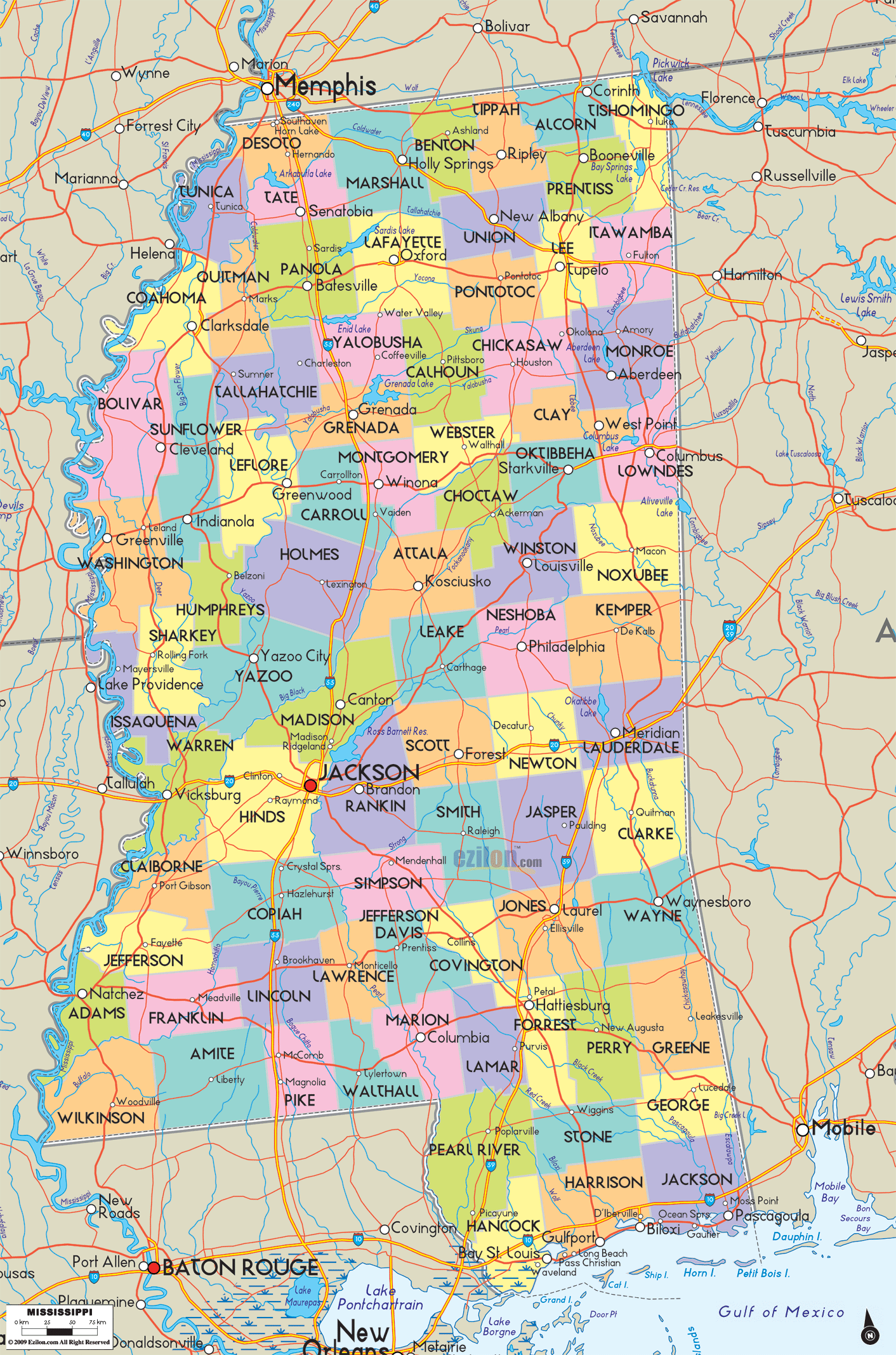 Map Of Mississippi Counties Detailed Political Map Of Mississippi - Ezilon Maps