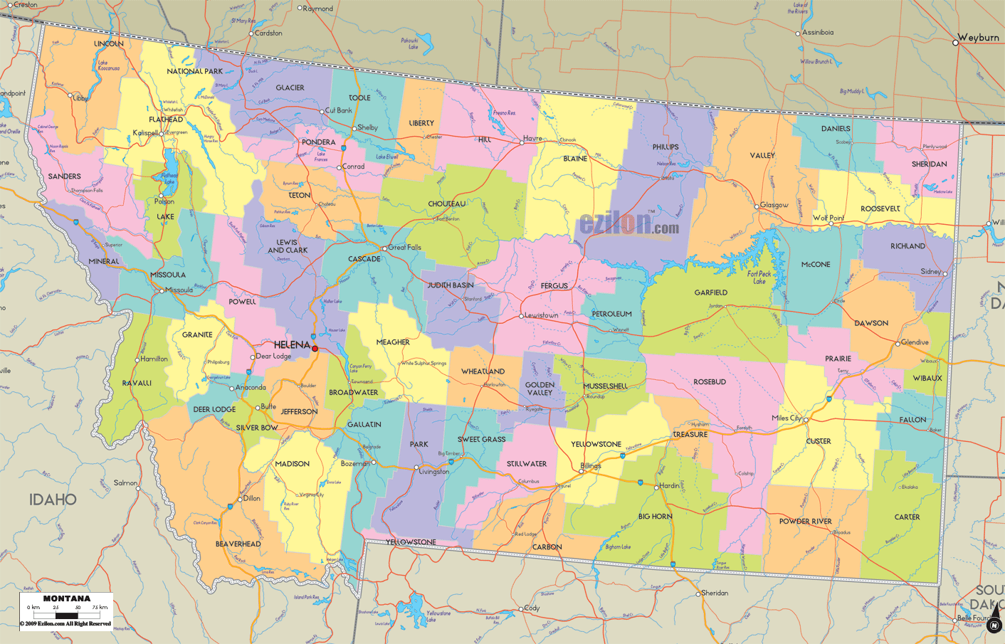 Map of Montana State, USA Ezilon Maps