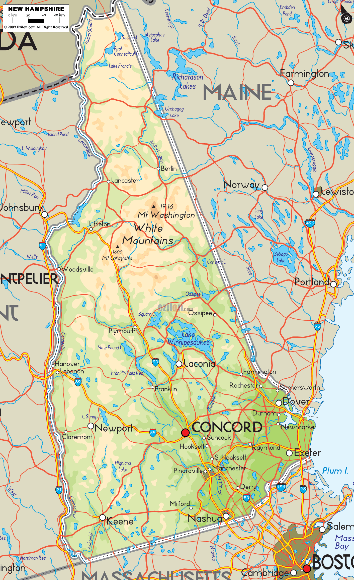 Physical Map Of New Hampshire State Usa Ezilon Maps