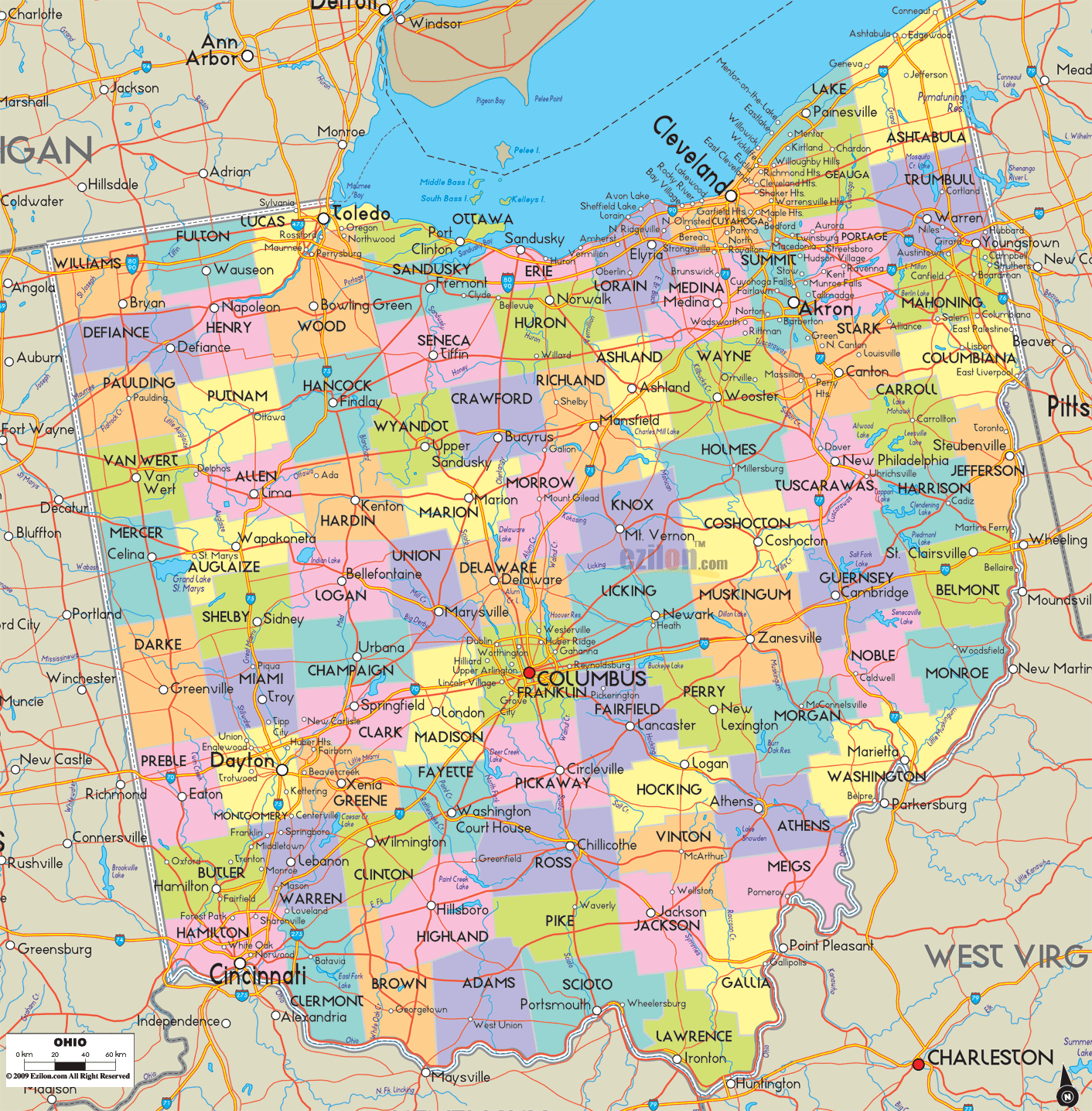 Ohio County Maps With Roads Detailed Political Map of Ohio   Ezilon Maps