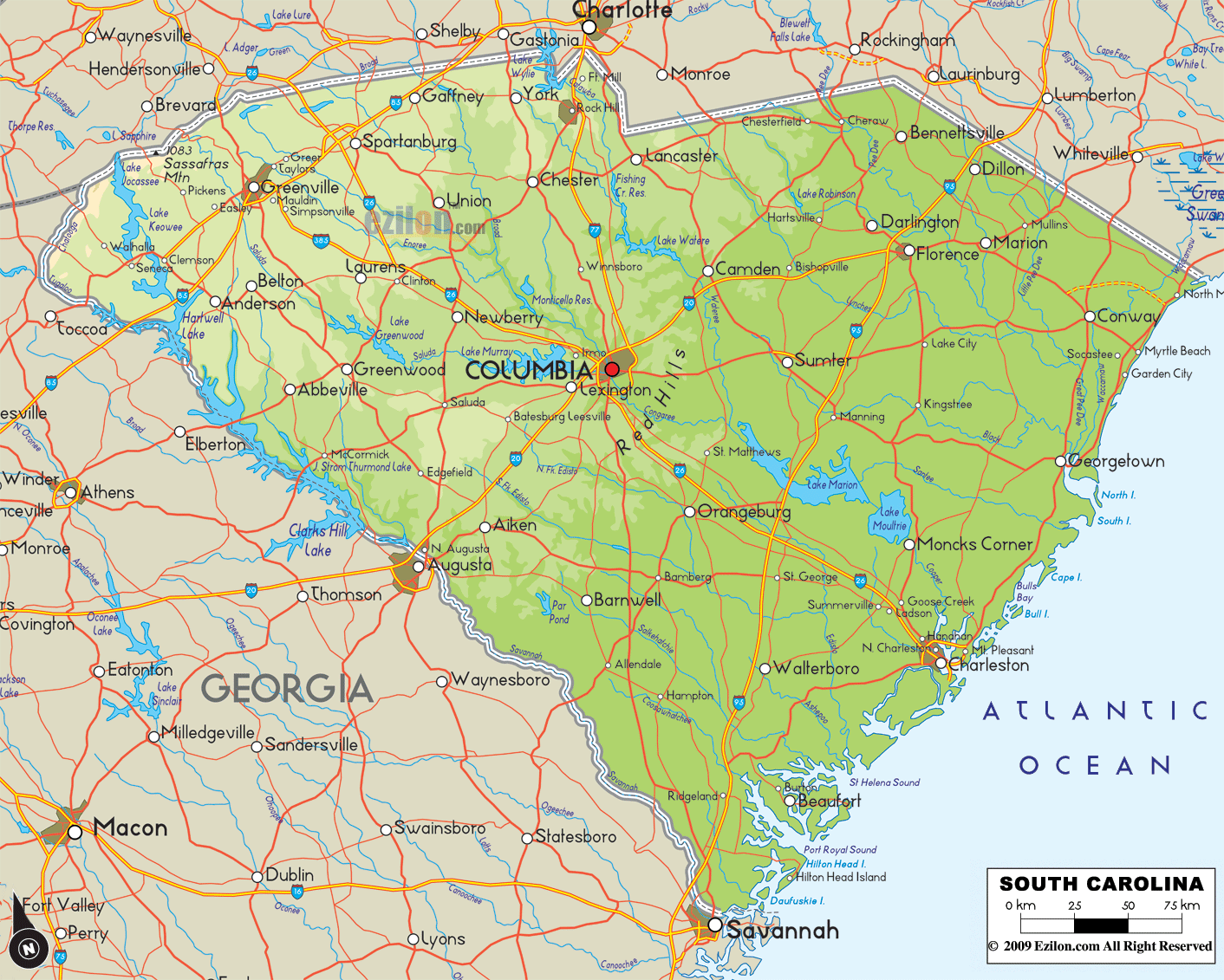 Physical Map of South Carolina State USA - Ezilon Maps