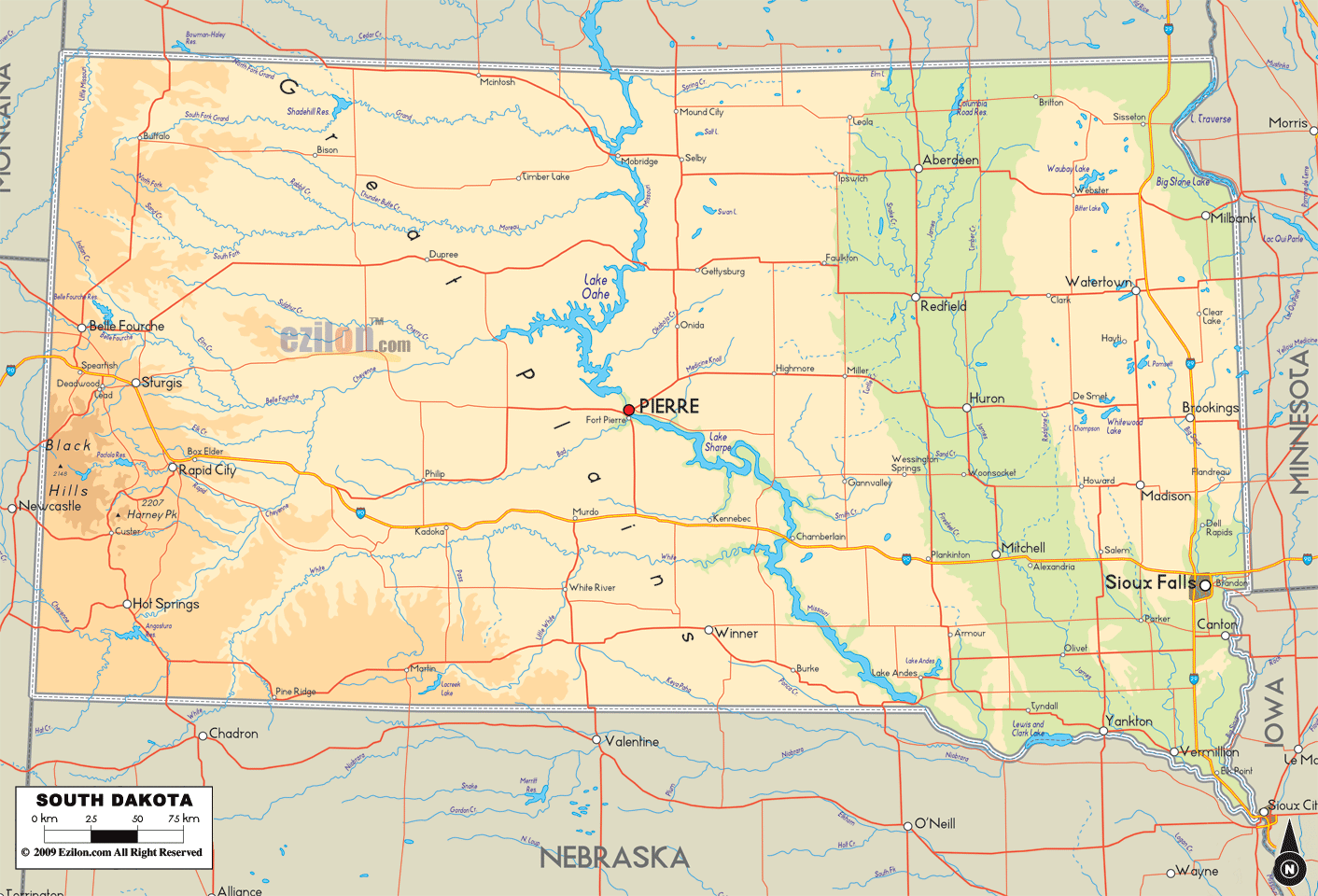 Physical Map Of South Dakota State Usa Ezilon Maps