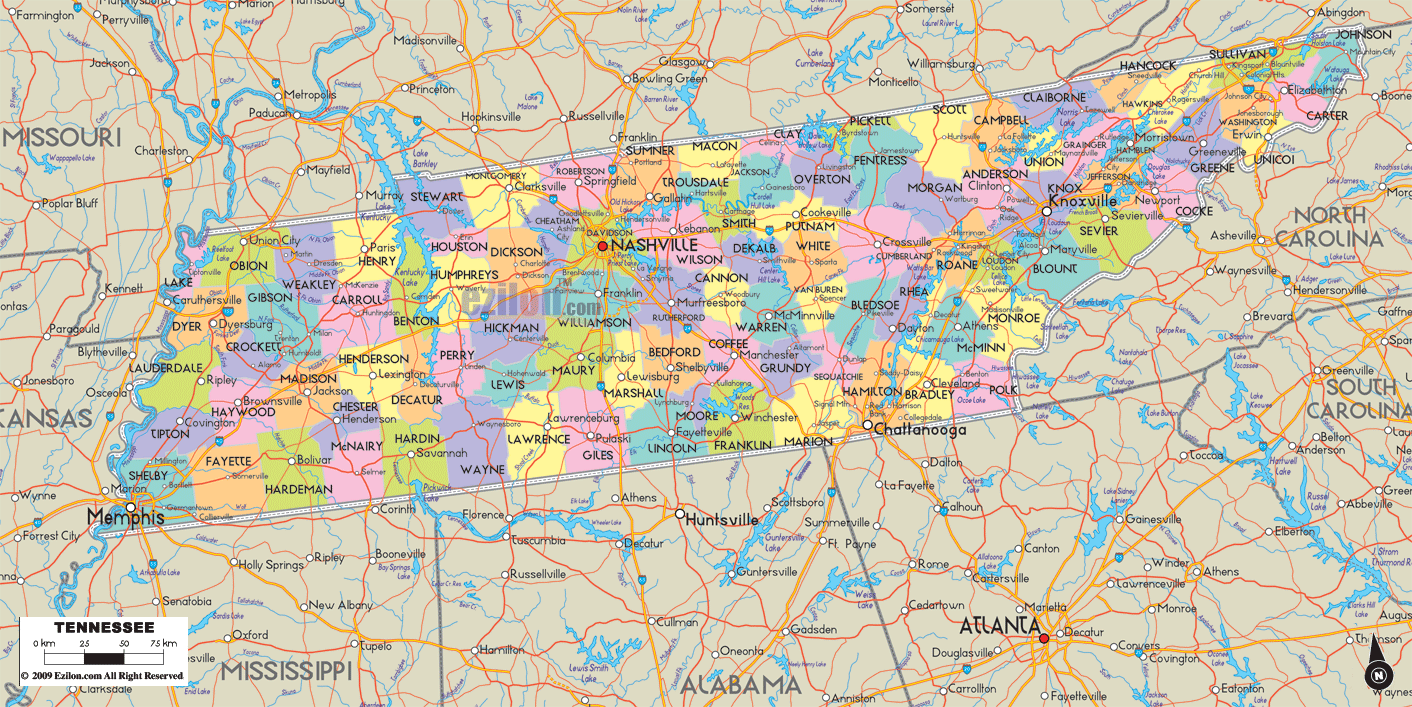 Detailed Political Map of Tennessee - Ezilon Maps
