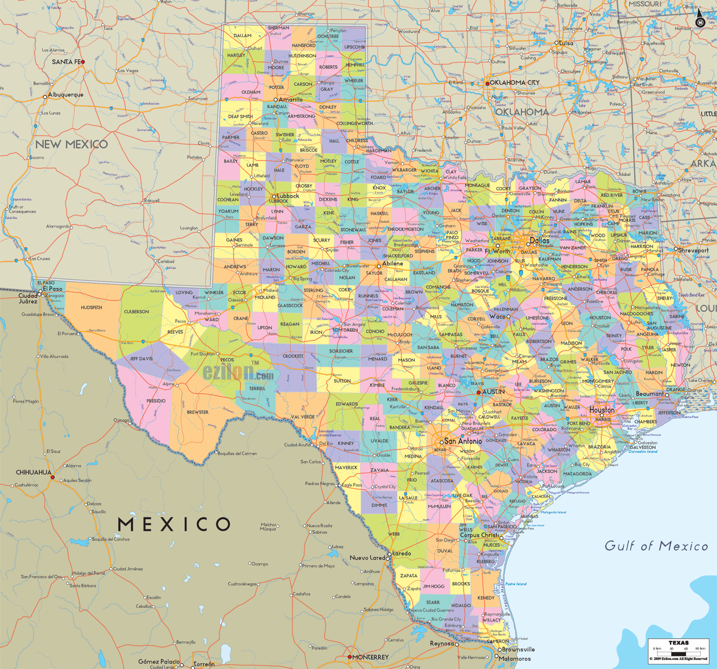 Texas County Road Maps Detailed Political Map of Texas   Ezilon Maps