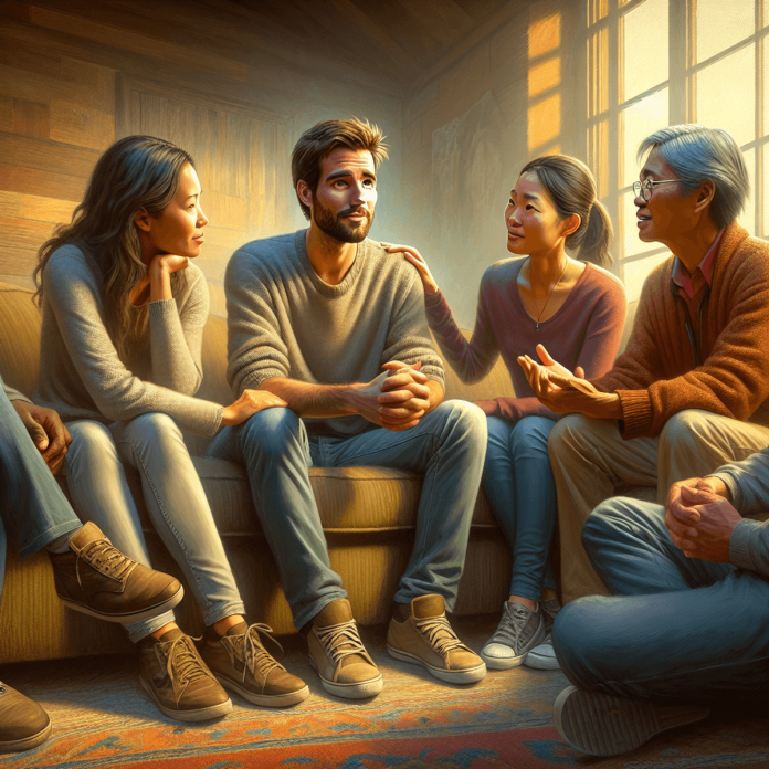 A mixed group of three people—Caucasian woman, Hispanic man, and Asian individual—sitting in a cozy environment, engaged in a supportive conversation.