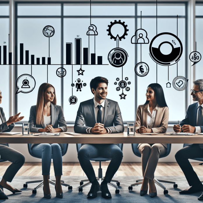 A diverse group of business professionals, including a Caucasian woman, an Asian man, and a Hispanic woman, engaged in a collaborative meeting in a mo