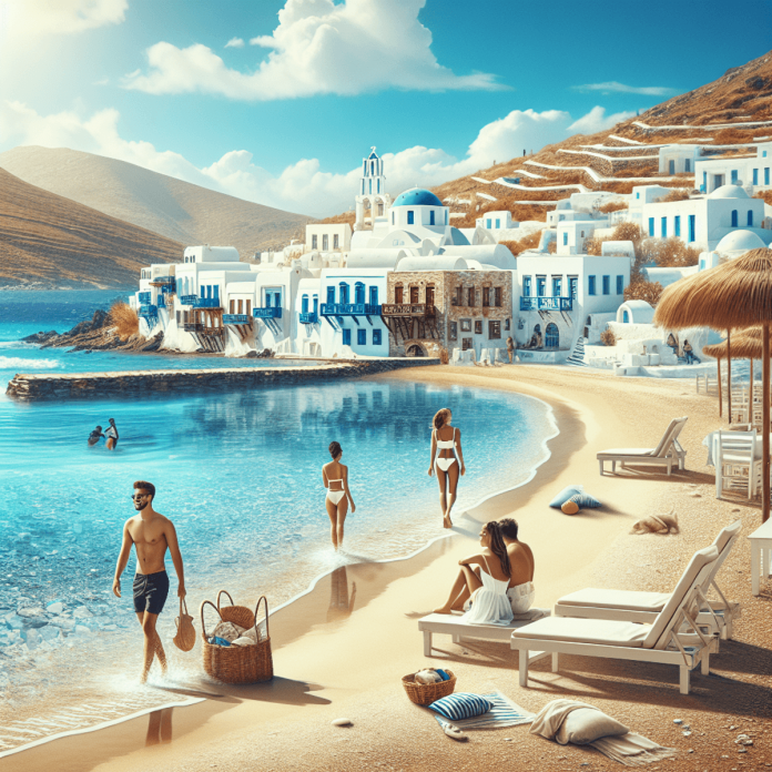 A tranquil beach scene on Serifos Island, Greece, featuring crystal-clear turquoise waters gently lapping against untouched golden sandy shores. In th