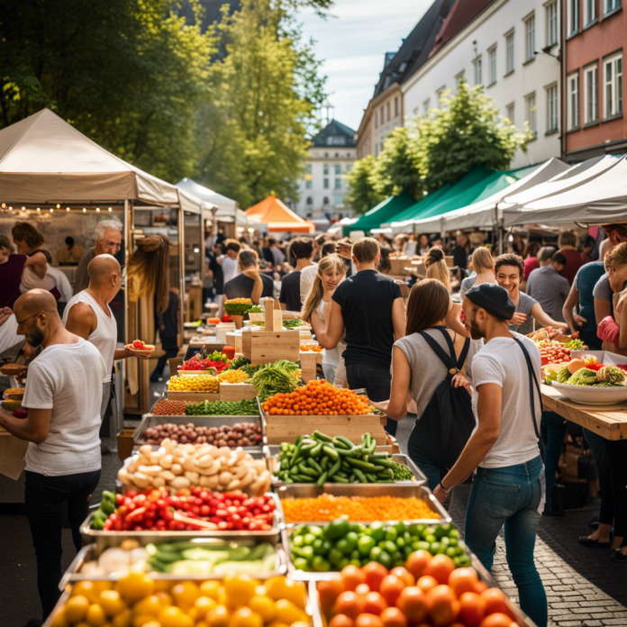 A lively outdoor street food market in Berlin, filled with diverse crowds of people from Caucasian, Asian, and Hispanic backgrounds.