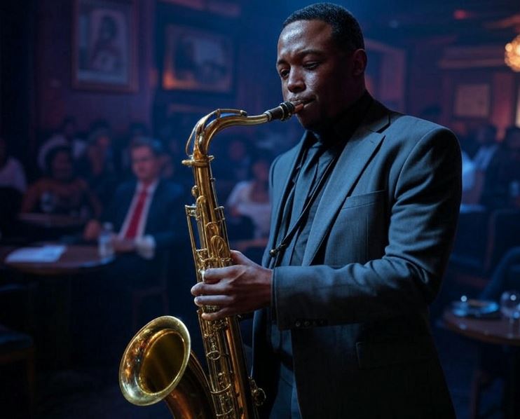 Jazz being played by a black musician in a nightclub of New Orleans.